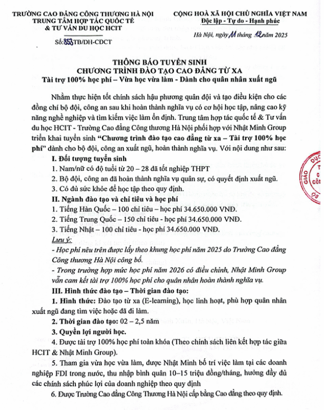 Chương trình đào tạo cao đẳng từ xa tài trợ 100% học phí dành cho quân nhân xuất ngũ tại Trường Cao đẳng Công Thương Hà Nội