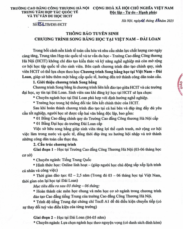 Thông báo tuyển sinh chương trình song bằng Việt Nam Đài Loan của Trường Cao đẳng Công Thương Hà Nội