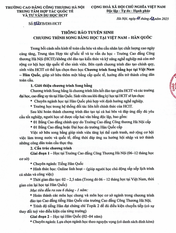 Thông báo tuyển sinh chương trình song bằng học tại Việt Nam – Hàn Quốc năm 2026 của Trường Cao đẳng Công Thương Hà Nội