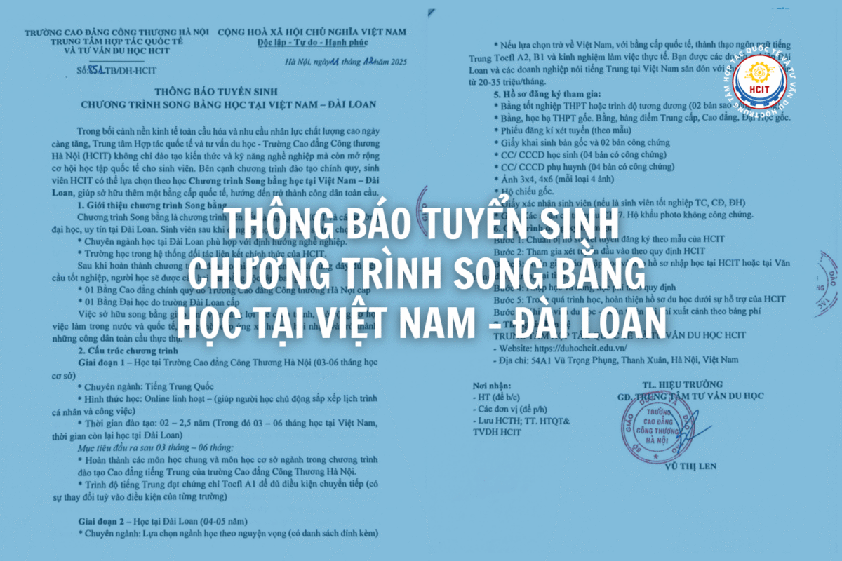 Thông báo tuyển sinh chương trình song bằng Việt Nam Đài Loan năm 2026 của Trường Cao đẳng Công Thương Hà Nội