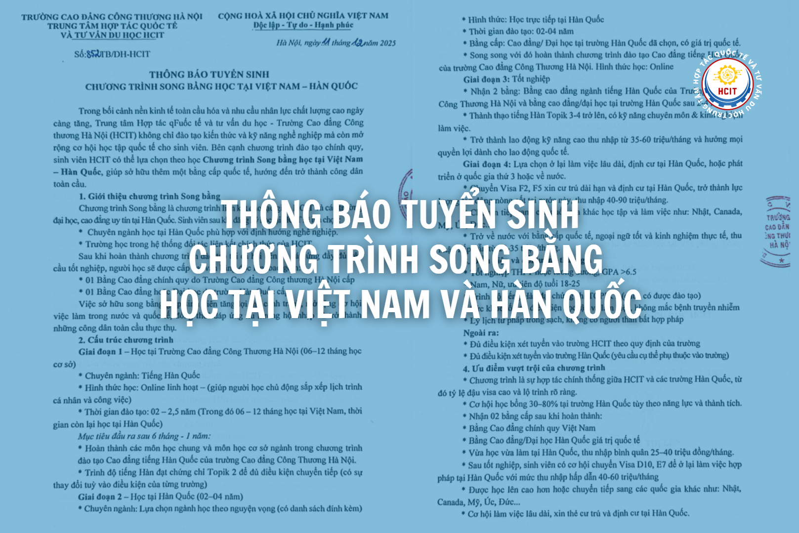 Thông báo tuyển sinh chương trình song bằng học tại Việt Nam và Hàn Quốc của HCIT